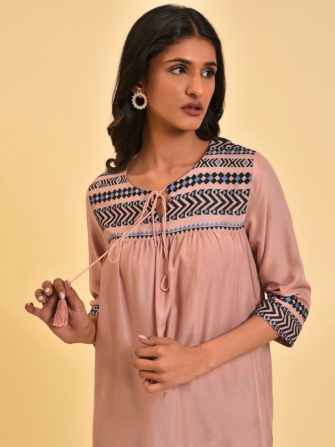 W Pink Geometric Embroidered Tie-Up Neck Tunic