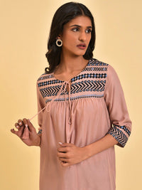 W Pink Geometric Embroidered Tie-Up Neck Tunic