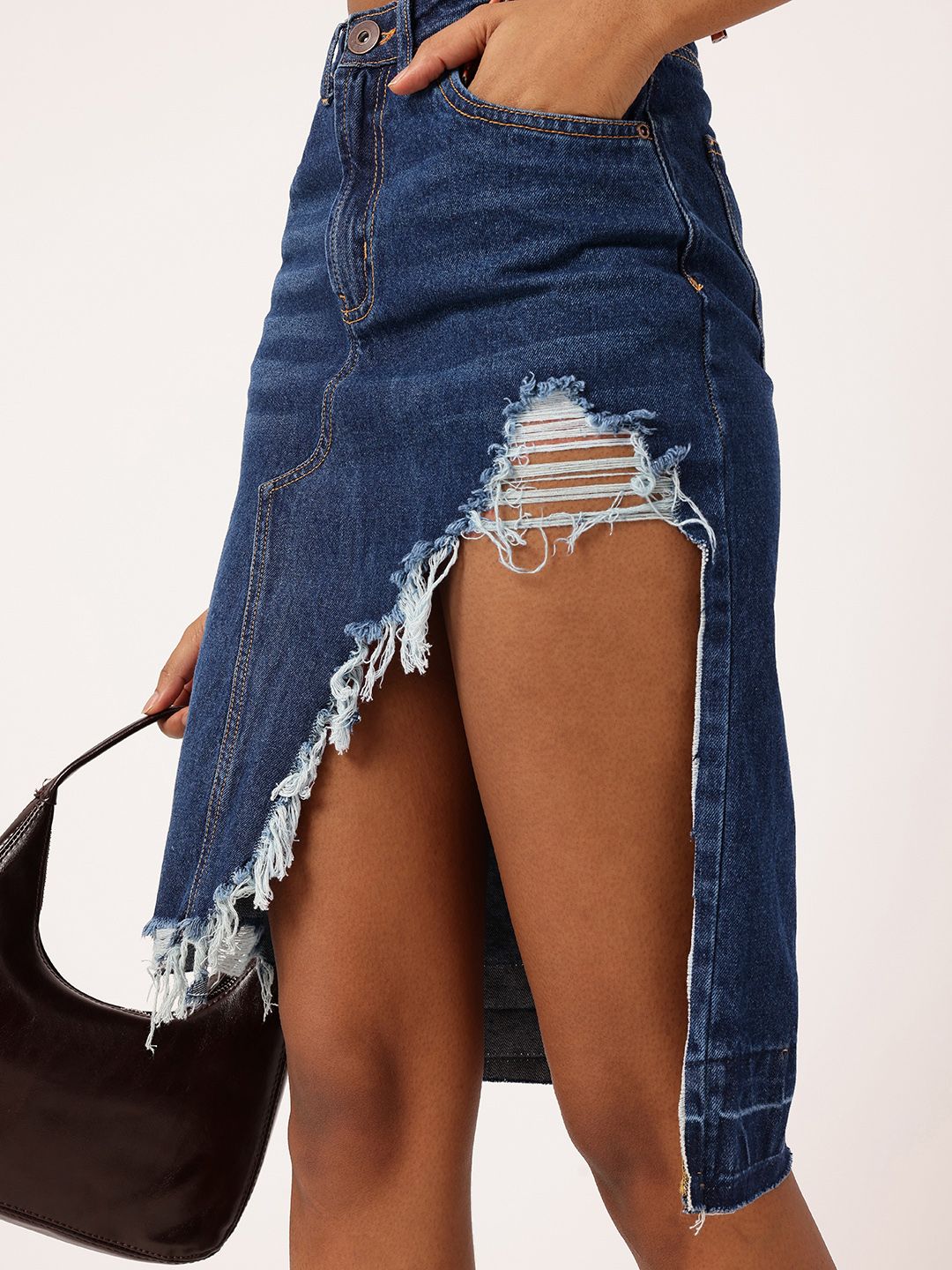 DressBerry Women Street Edge High Rise Ripped Denim Faded Asymmetric A-Line Skirt