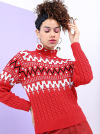 Tokyo Talkies Women Red & White Fair Isle Jacquard Pullover