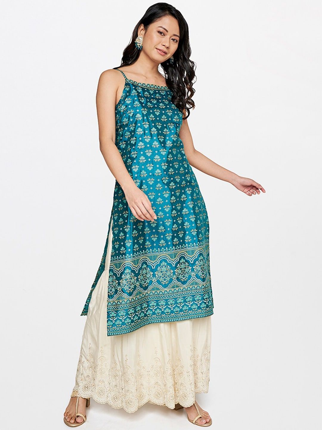 Global Desi Women Teal Green Floral Kurta