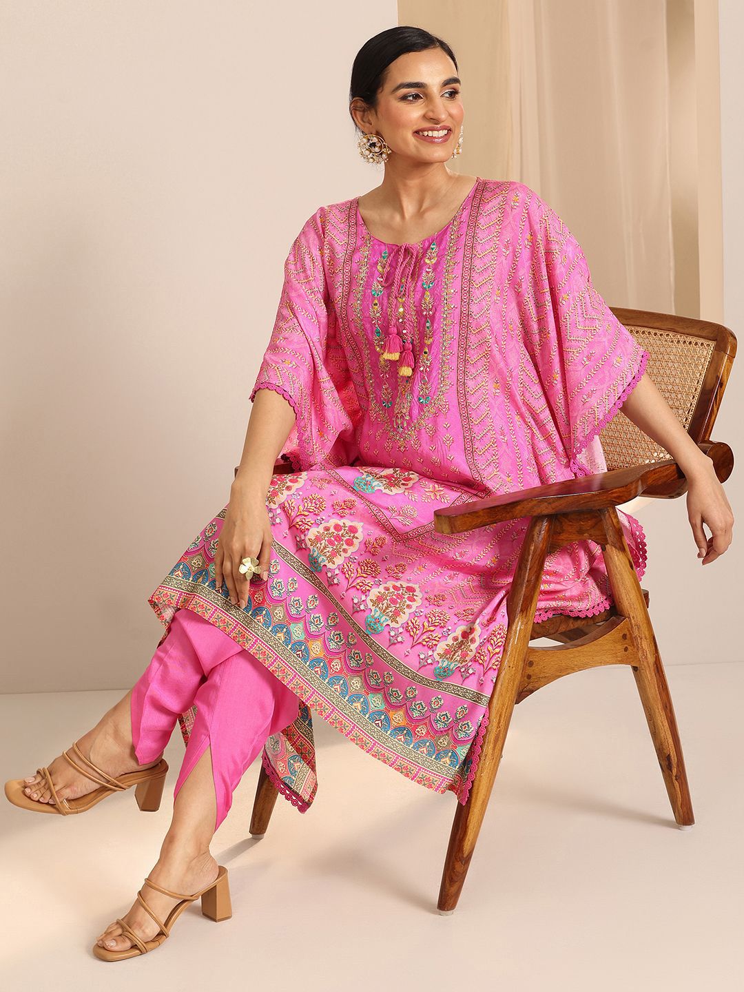 Libas Ethnic Motifs Printed Panelled Mirror Work Tie-Up Neck Kaftan Kurta With Salwar