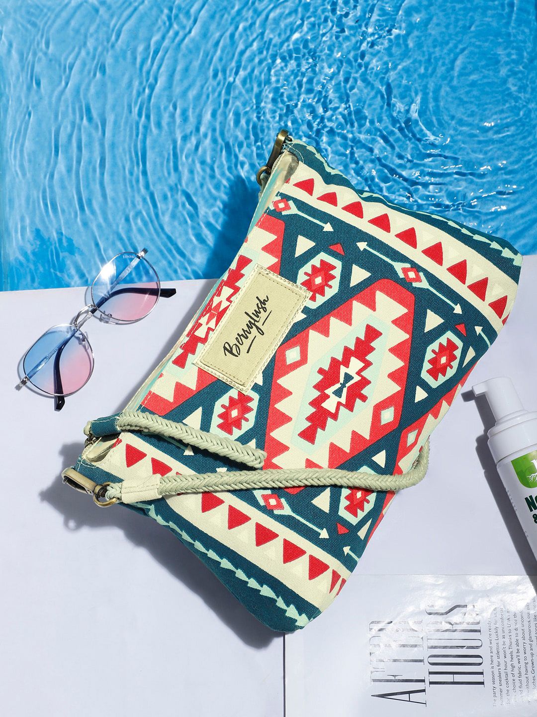 Berrylush Teal Green & Orange Printed Structured Sling Bag