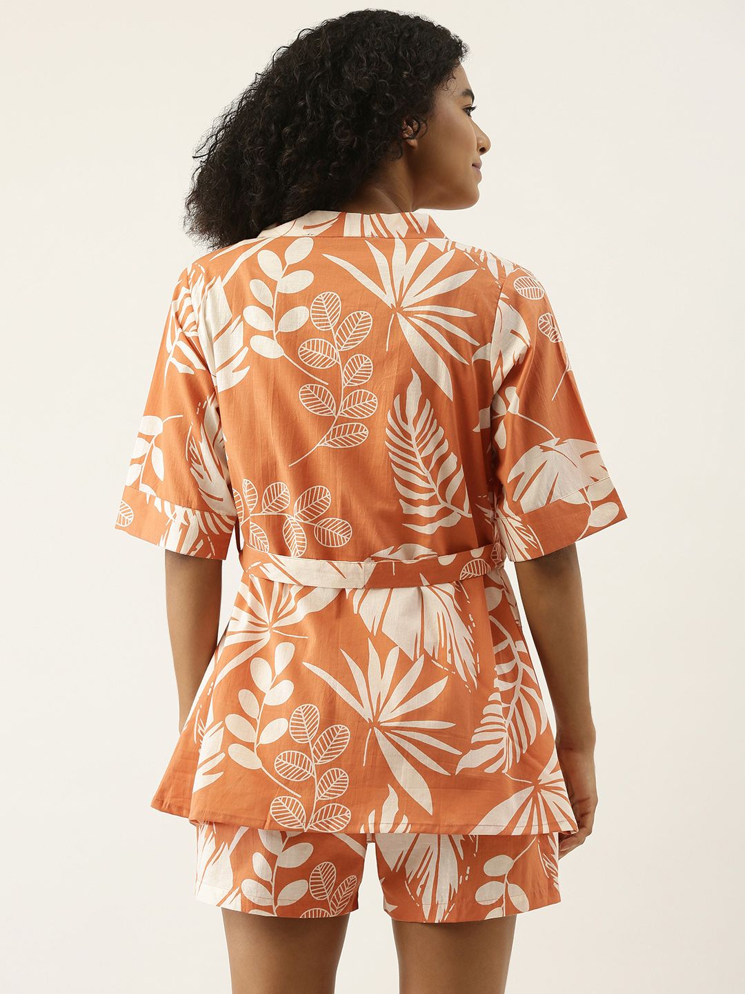 SANSKRUTIHOMES Women Coral Orange & Off White Printed Cotton Shorts Set with Robe