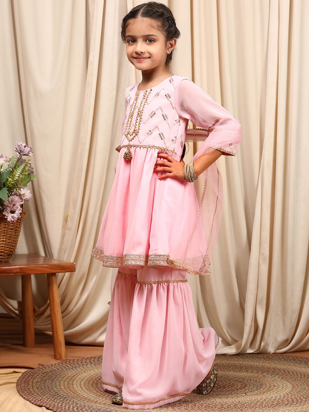 pspeaches Girls Round Neck Embroidered Sequinned Anarkali Kurti with Sharara & Dupatta