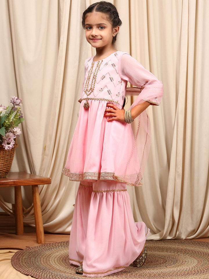 pspeaches Girls Round Neck Embroidered Sequinned Anarkali Kurti with Sharara & Dupatta