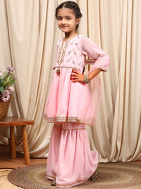 pspeaches Girls Round Neck Embroidered Sequinned Anarkali Kurti with Sharara & Dupatta