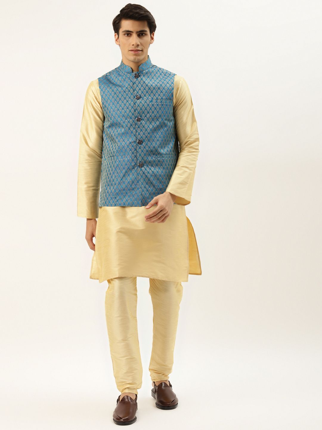 SOJANYA Men Beige Solid Kurta Set With Printed Jacket