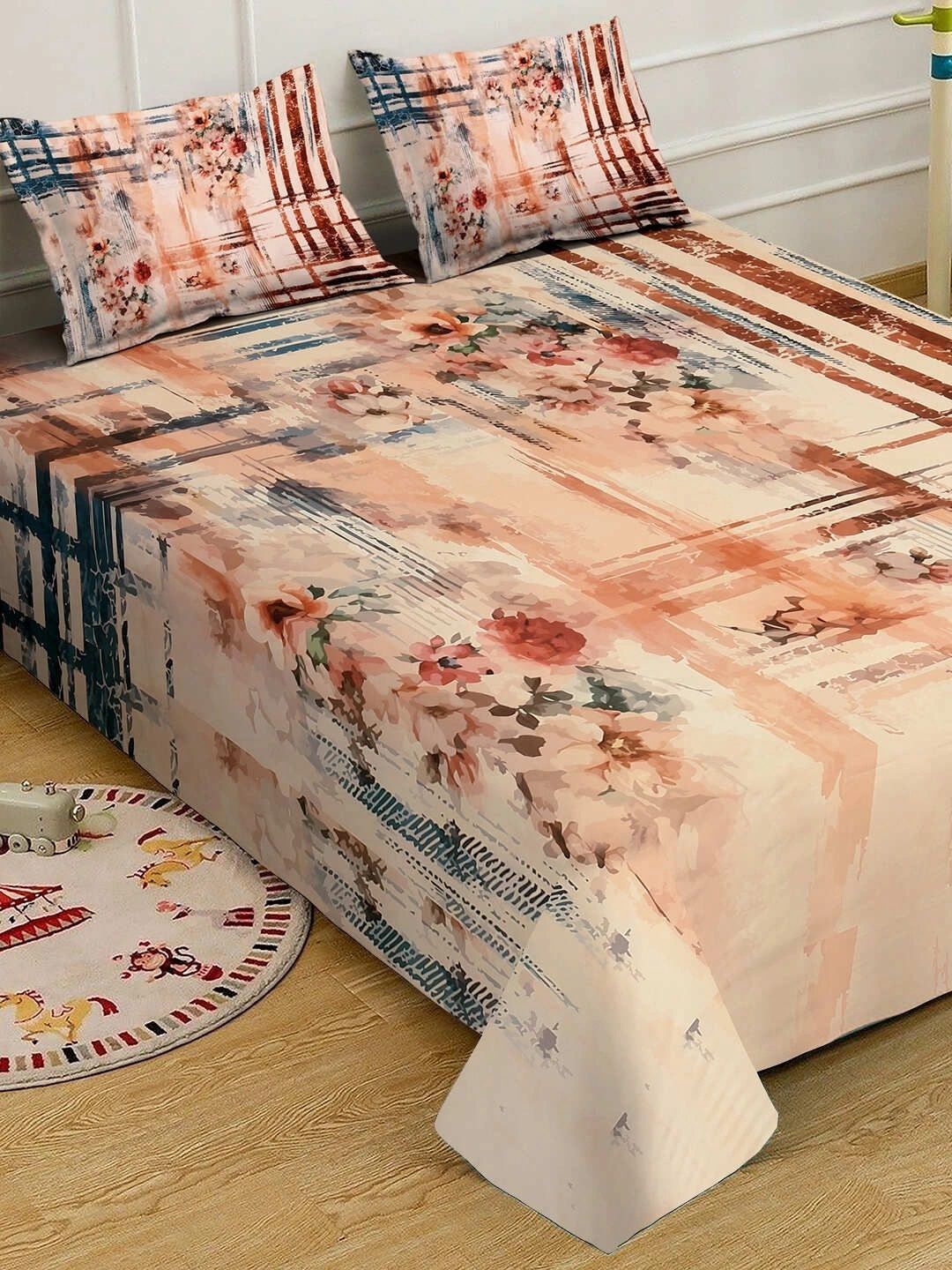 Moda Rapido X KLOTTHE Orange & Brown Floral 400 TC King Bedsheet with 2 Pillow Covers