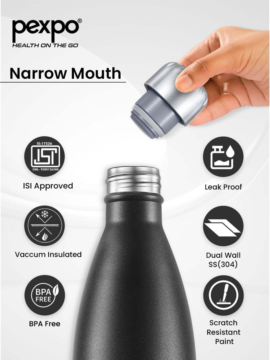 Pexpo ELECTRO ISI Certified Thermosteel 24 Hrs Hot & Cold flask Black Water Bottle-1000ml