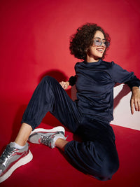 SASSAFRAS Navy Blue Velvet Tape Detail Sweatshirt With Joggers