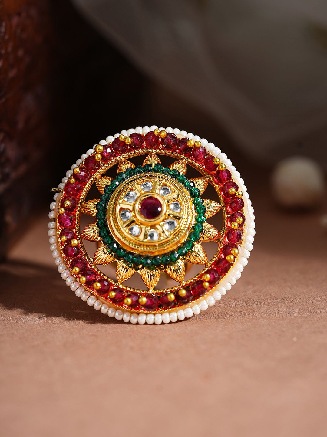 Rubans 18K Ruby Red Kundan-Bertaraf Red Kundan & Putih Pearl Buddrafted Ring