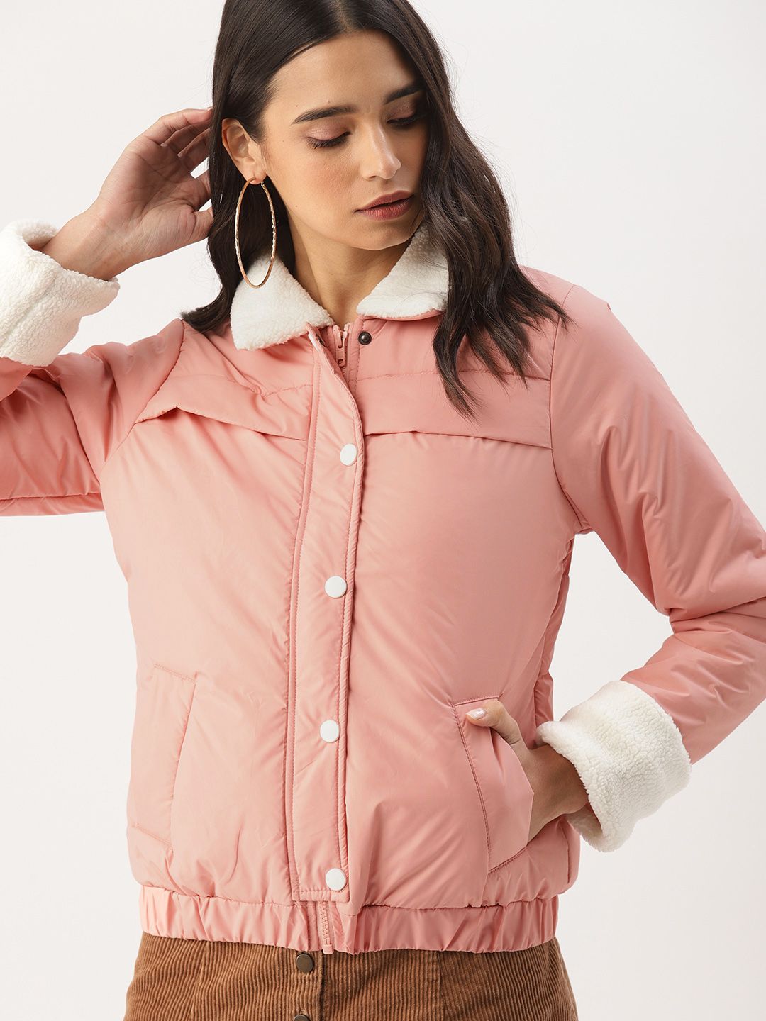DressBerry Women Pink Solid Faux Fur Puffer Jacket