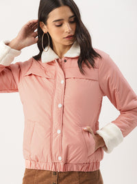 DressBerry Women Pink Solid Faux Fur Puffer Jacket