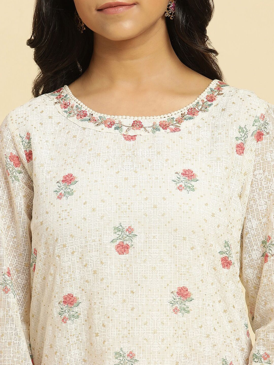 W Off White & Red Floral Printed Thread Work Boat Neck A-Line Kurta