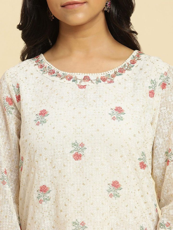 W Off White & Red Floral Printed Thread Work Boat Neck A-Line Kurta