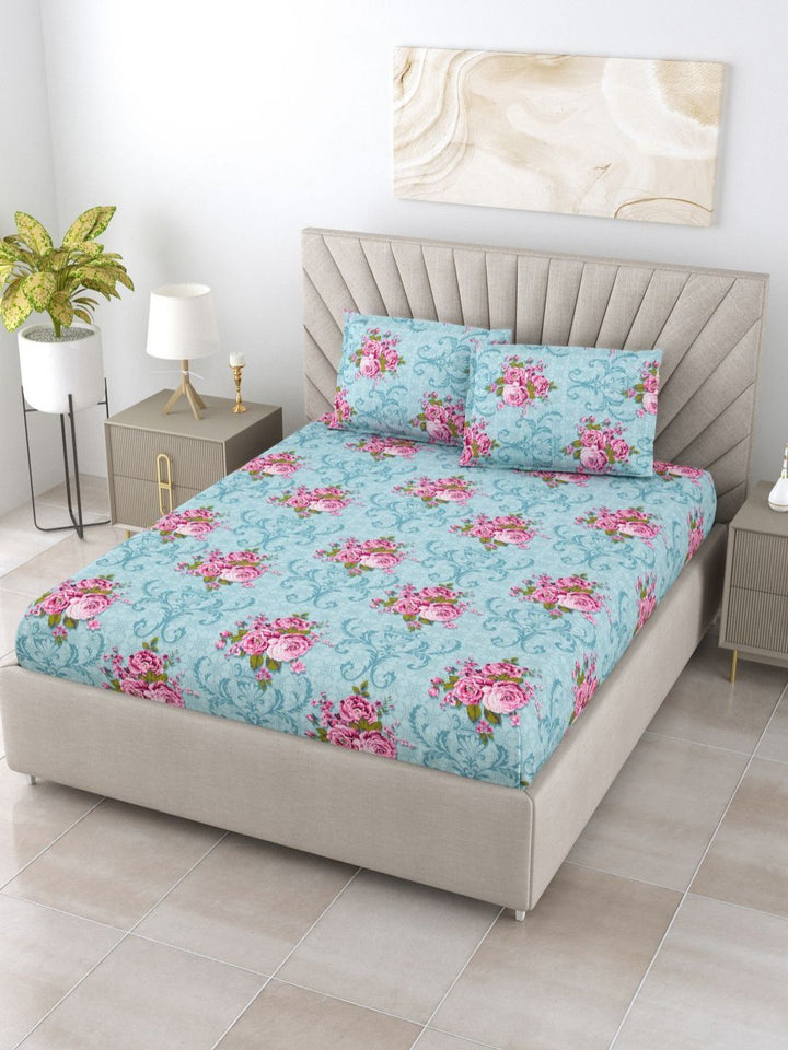 BOMBAY DYEING Dream Lover Teal Floral Printed Cotton 104TC Queen Bedsheet Set 2.54 x 2.24m
