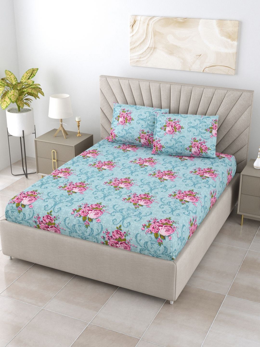 BOMBAY DYEING Dream Lover Teal Floral Printed Cotton 104TC Queen Bedsheet Set 2.54 x 2.24m