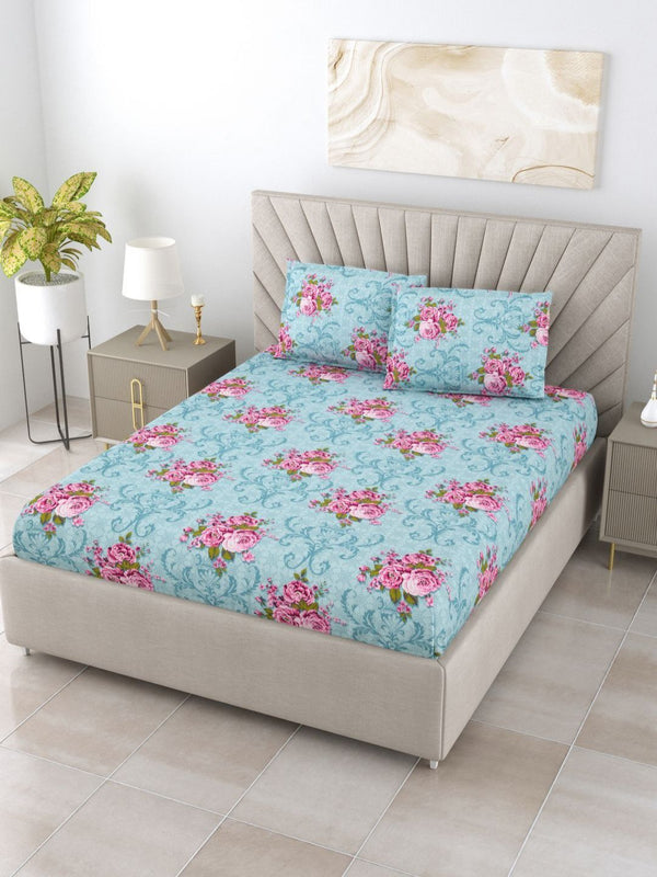 BOMBAY DYEING Dream Lover Teal Floral Printed Cotton 104TC Queen Bedsheet Set 2.54 x 2.24m