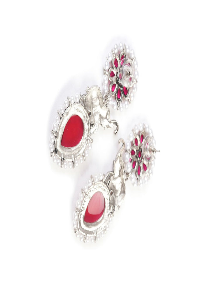 PANASH Silver-Plated Stones Studded And Beaded Animal Shaped Oxidised Drop Earrings