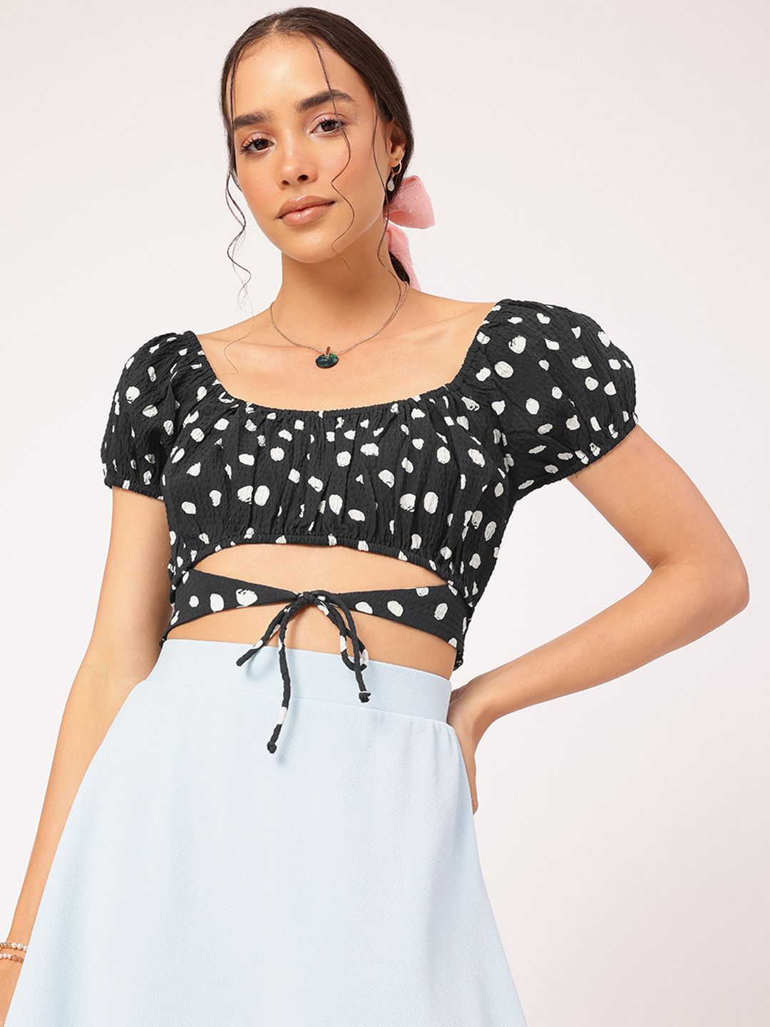 DressBerry Tie-Up Chic Seersucker Crop Top