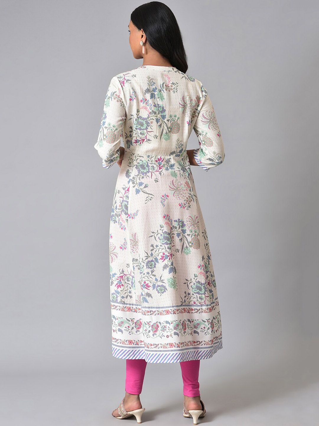 W Floral Printed Band Collar Anarkali Kurta