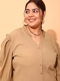 CURVY STREET Plus Size Beige Comfort Fit Puff Sleeves Shirt