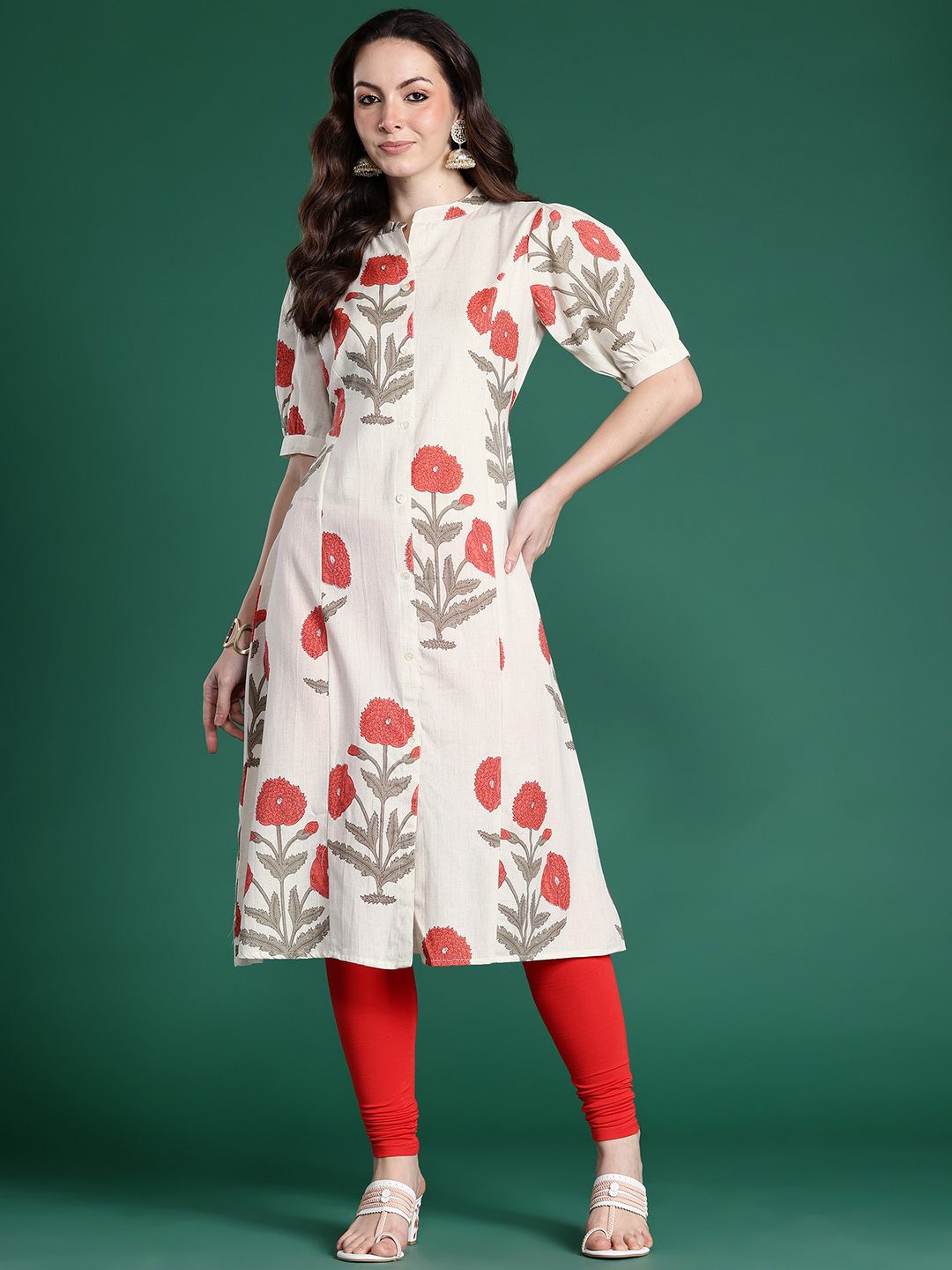Indo Era Floral Printed Puff Sleeves Pure Cotton Kurta