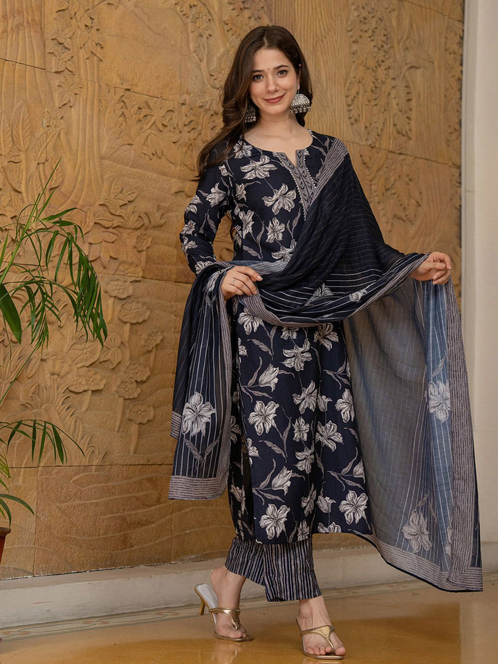 KALINI Floral Printed Gotta Patti Straight Kurta With Trouser & Dupatta