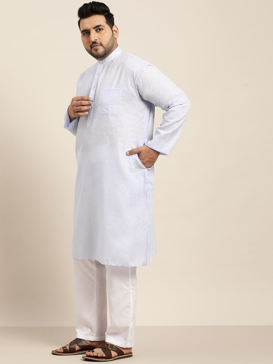 SOJANYA PLUS Men Blue Woven Design Dobby Straight Kurta