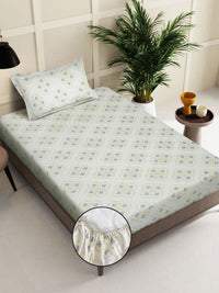 KLOTTHE Cream & Green Geometric Cotton 400 TC Fitted Single Bedsheet With Pillow Cover