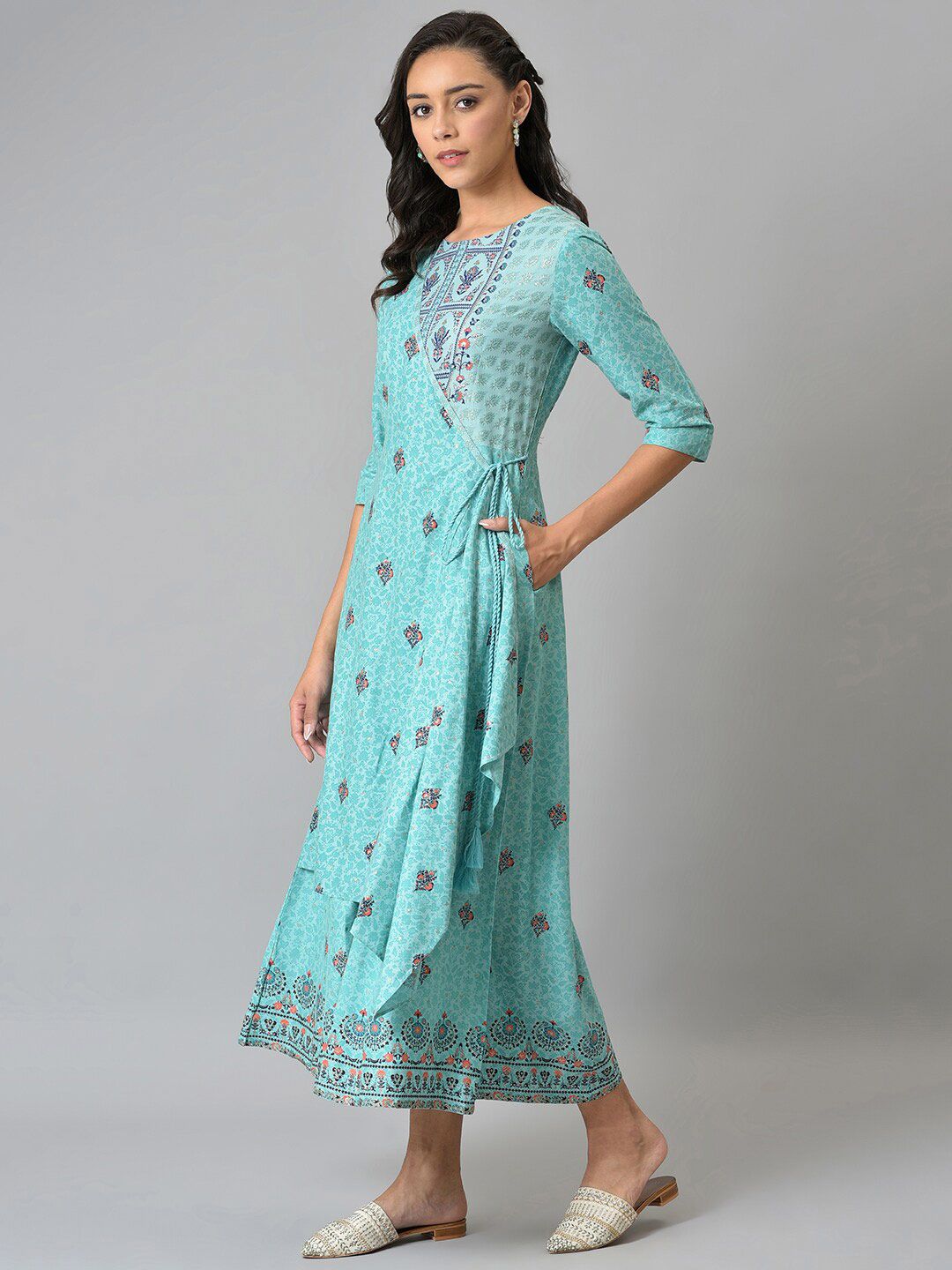 W Women Light Blue Glitter Printed Angrakha Jumpsuit