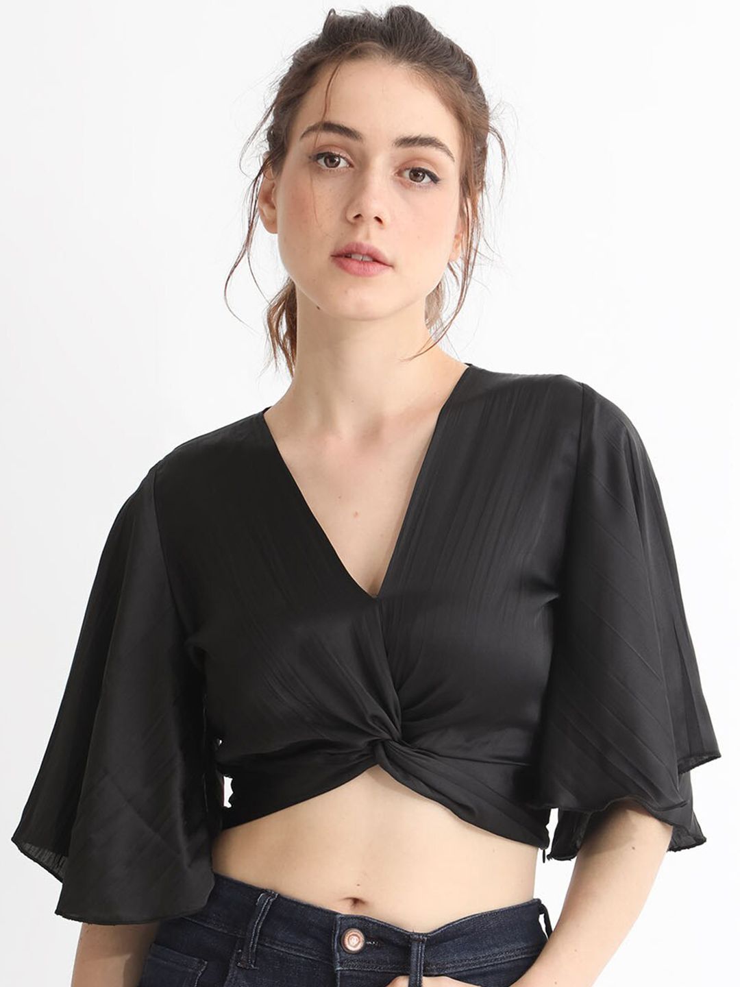 RAREISM V-Neck Flared Sleeve Cotton Crop Top