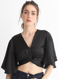 RAREISM V-Neck Flared Sleeve Cotton Crop Top