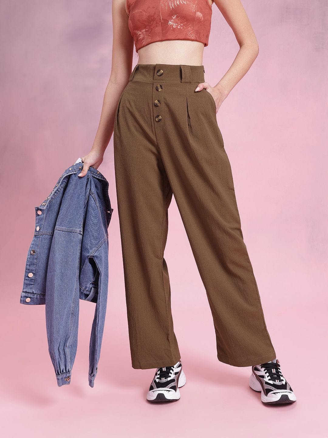 DressBerry Women Comfortably Grunge Textured Pleated Mock Button Trousers