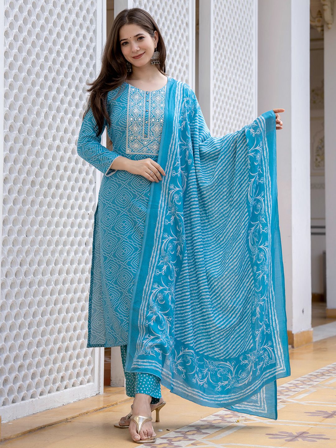 KALINI Bandhani Printed Regular Mirror Work Kurta With Trousers & Dupatta