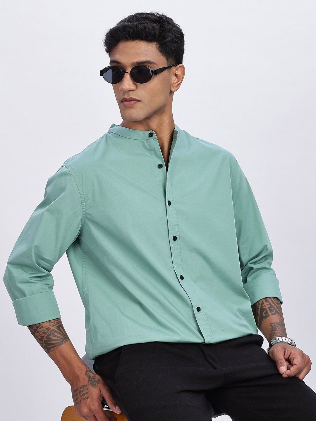 Eszett Long Sleeves Mandarin Collar Opaque Pure Cotton Regular Fit Casual Shirt