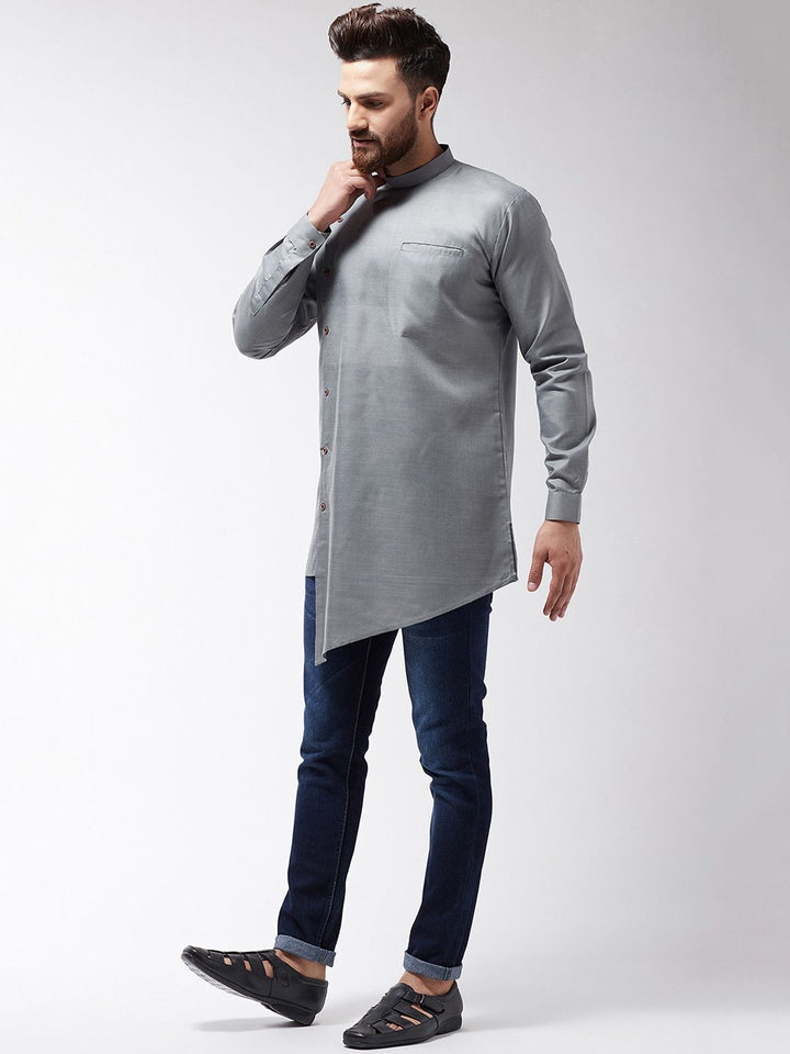 SOJANYA Men Grey Solid Asymmetric Hemline Straight Kurta
