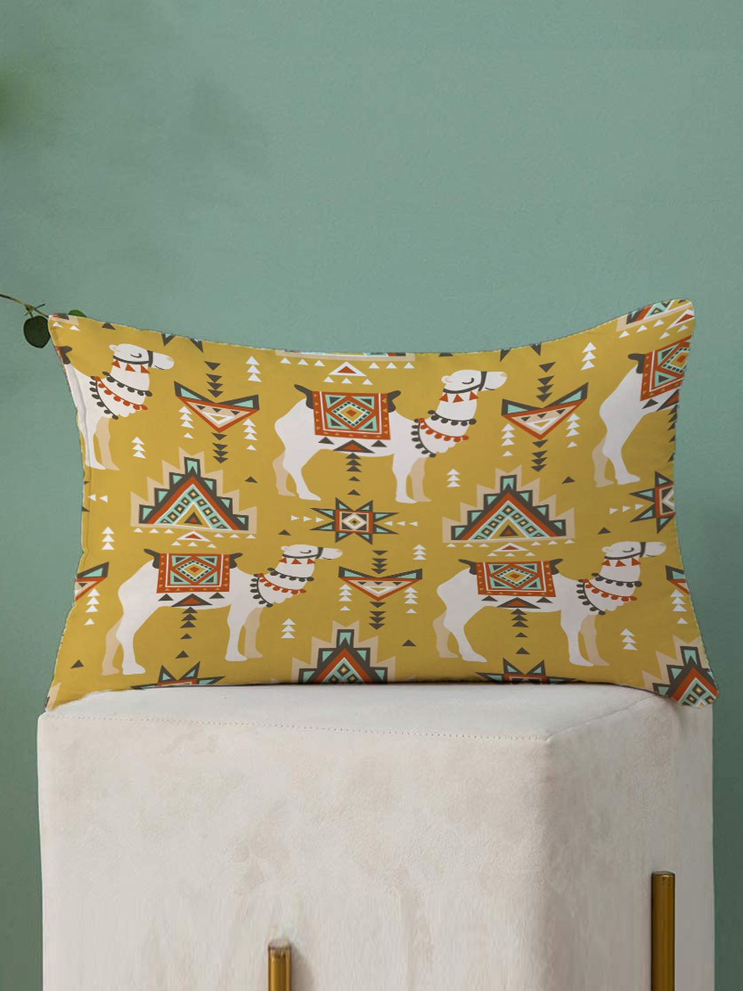 STITCHNEST Yellow & Turquoise Blue Set of 2 Ethnic Motifs Rectangle Cushion Covers