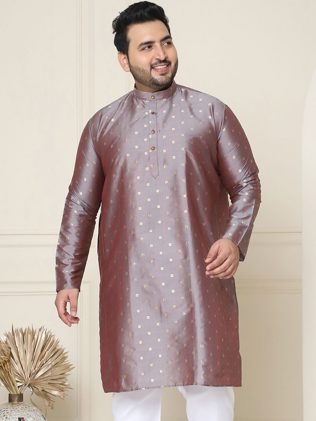 SOJANYA PLUS Lelaki Plus Size Taupe & Golden Geometric Jacquard Kurta