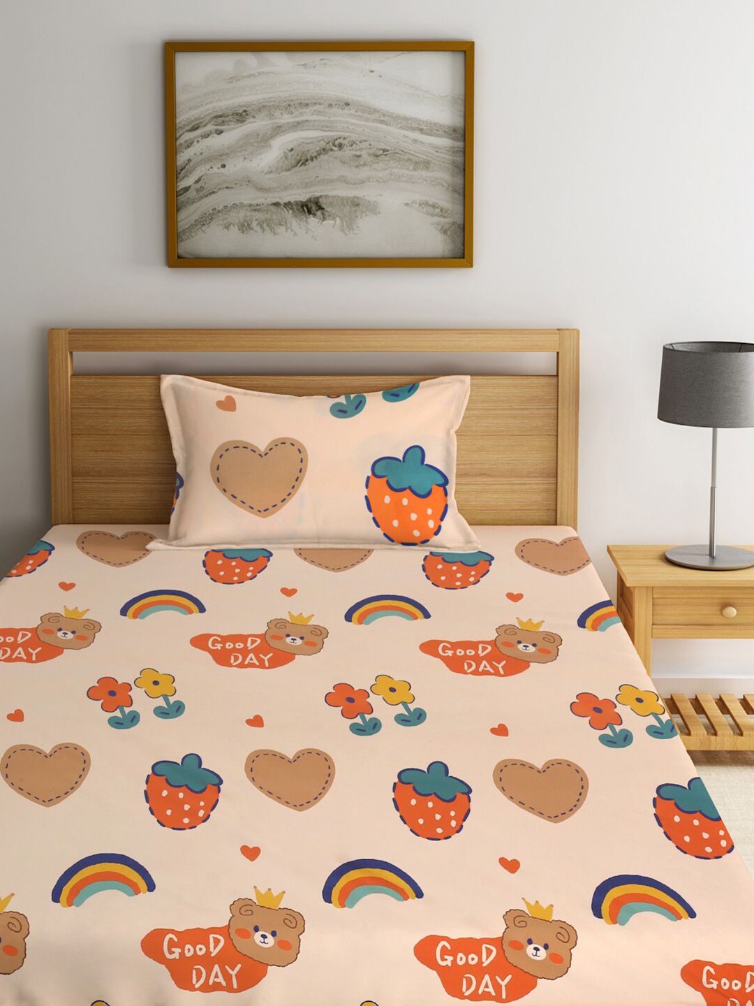 KLOTTHE Orange & Blue Cartoon Printed 300 TC Single Cotton Bedsheet With 1 Pillow Cover