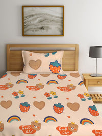 KLOTTHE Orange & Blue Cartoon Printed 300 TC Single Cotton Bedsheet With 1 Pillow Cover