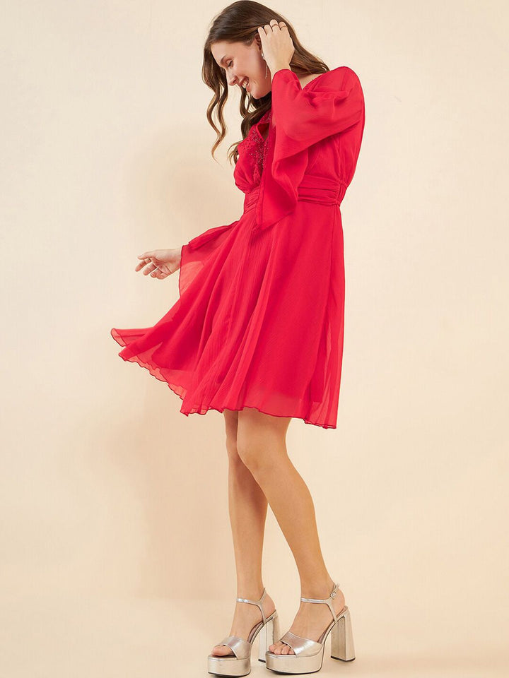 Antheaa Red V-Neck Flared Sleeve Sequinned Fit & Flare Dress