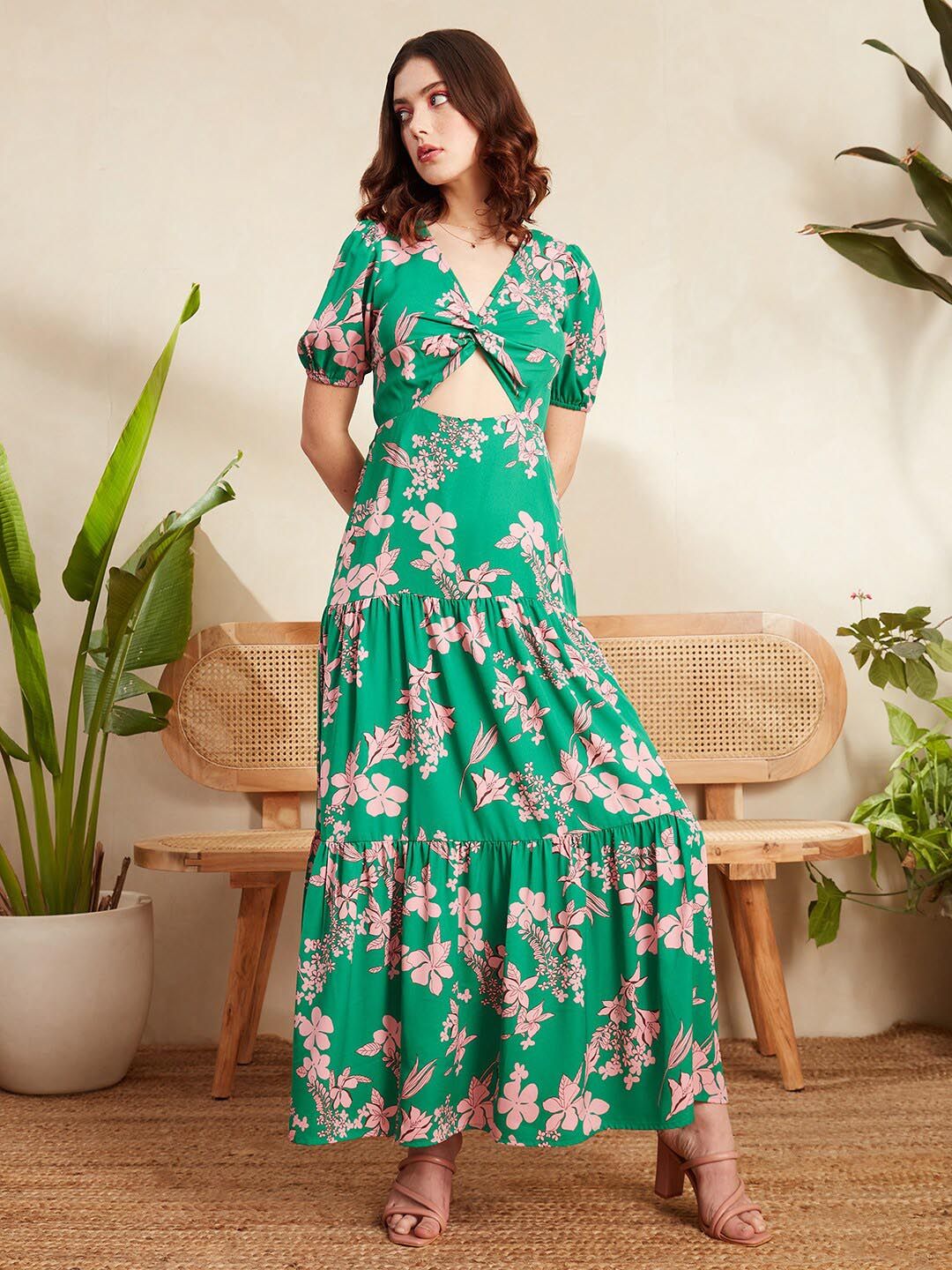 Berrylush Green Floral Printed V-Neck Puff Sleeve Cut Out Tiered Maxi Dress