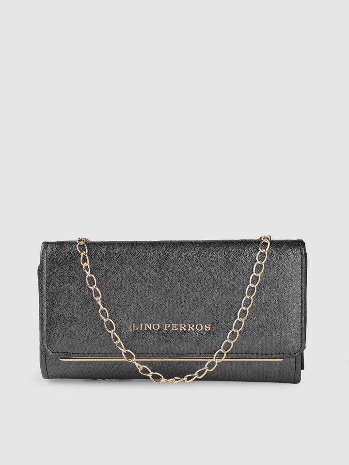 Lino Perros Women Charcoal Grey Textured Foldover Clutch