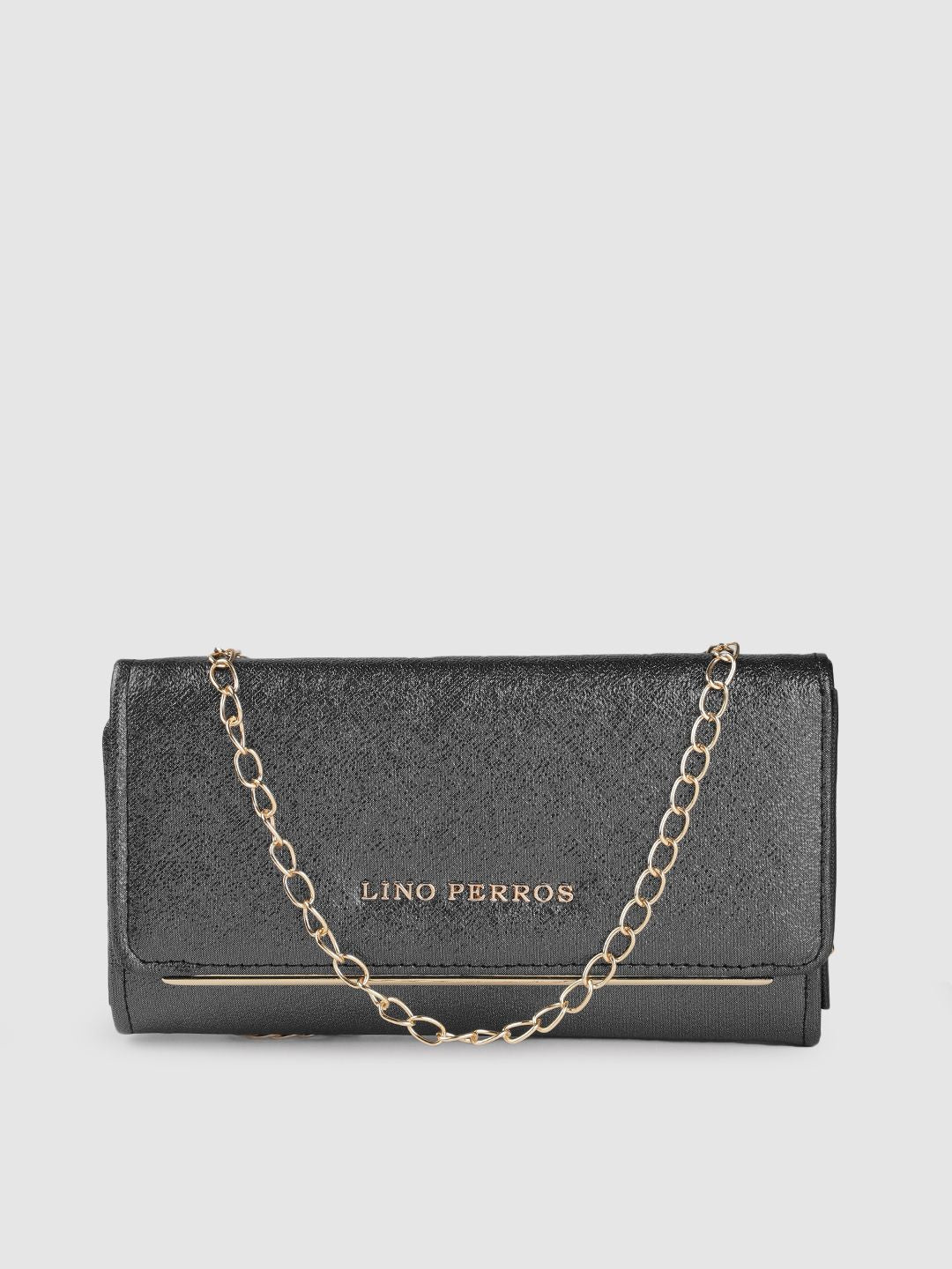 Lino Perros Women Charcoal Grey Textured Foldover Clutch