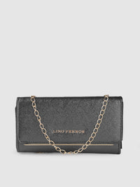 Lino Perros Women Charcoal Grey Textured Foldover Clutch