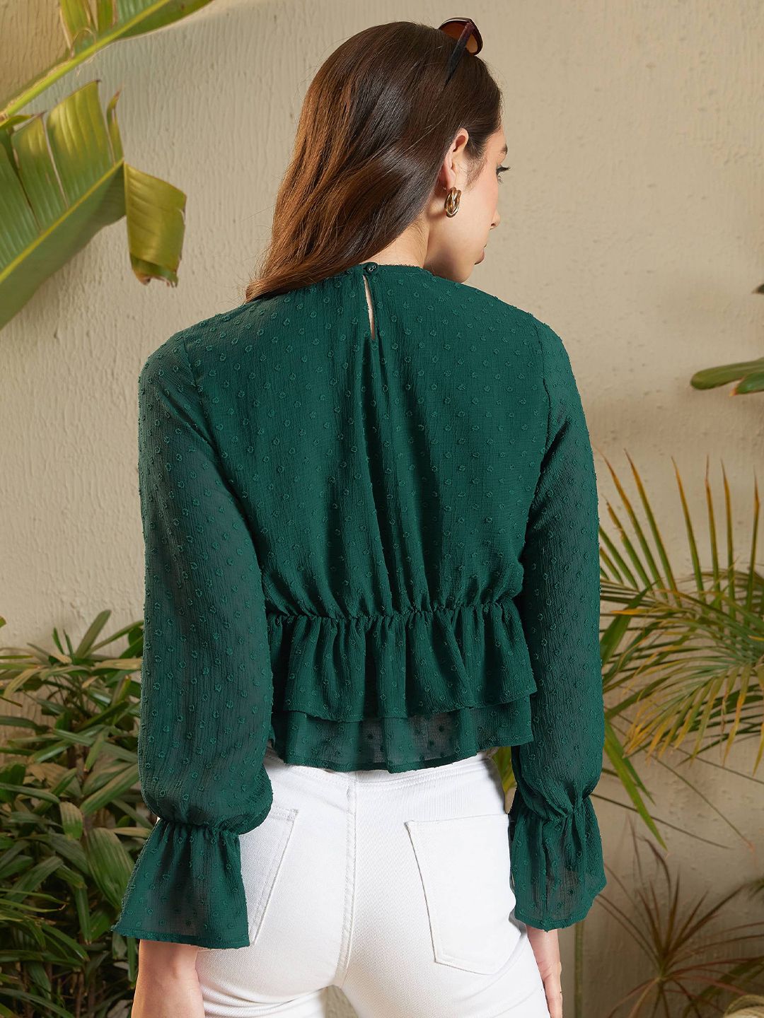 SASSAFRAS Green Self Design Bell Sleeve Peplum Top