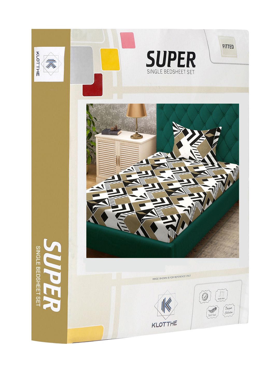 KLOTTHE White & Green Geometric 300TC Fitted Single Bedsheet With Pillow Cover-2.25mx1.50m