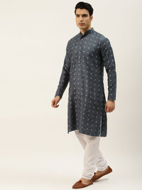SOJANYA Kurta Motif Etnik Arang Kelabu & Off-Whtie Lelaki dengan Jaket Churidar & Nehru